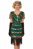 Green Golden V-Neck Short Sheer Sleeves Sequins Bodycon 1920S Dress with Fringe