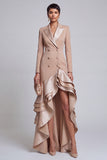 Khaki Fitted Peak Lapel Ruffled High-Low Work Dress