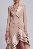 Khaki Fitted Peak Lapel Ruffled High-Low Work Dress