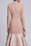 Khaki Fitted Peak Lapel Ruffled High-Low Work Dress