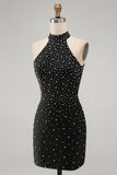 Black Bodycon Halter Pearls Beaded Short Homecoming Dress with Lace Up Back