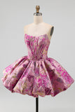 Red A-Line Floral Jacquard Corset Bubble Hem Short Homecoming Dress