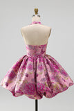 Red Flower Halter Neck Jacquard Bubble Hem Short Homecoming Dress