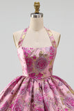 Red Flower Halter Neck Jacquard Bubble Hem Short Homecoming Dress