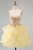 Yellow A-Line Corset Beaded Pearls V-Neck Ruffle Homecoming Dress