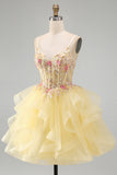 Yellow A-Line Corset Beaded Pearls V-Neck Ruffle Homecoming Dress
