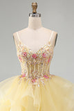 Yellow A-Line Corset Beaded Pearls V-Neck Ruffle Homecoming Dress
