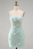 Strapless Tight Lace Pearls Sheer 3D Floral Corset Short Homecoming Dress