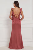 Terracotta Ruffled Straps Ruched Sheath Long Wedding Guest Dress with Slit