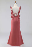 Terracotta Ruffled Straps Ruched Sheath Long Wedding Guest Dress with Slit