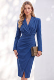 Blue Sheath Notched Lapel Ruched Midi Work Dress