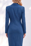 Blue Sheath Notched Lapel Ruched Midi Work Dress