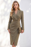 Blue Sheath Notched Lapel Ruched Midi Work Dress