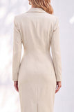 Blue Sheath Notched Lapel Ruched Midi Work Dress