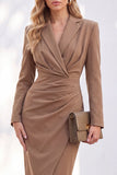 Blue Sheath Notched Lapel Ruched Midi Work Dress
