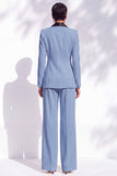 Blue Fitted Shawl Lapel Pantsuits Long Women Suits with 3D Flower