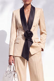 Blue Fitted Shawl Lapel Pantsuits Long Women Suits with 3D Flower