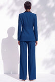 Blue Fitted Shawl Lapel Pantsuits Long Women Suits with 3D Flower