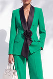 Blue Fitted Shawl Lapel Pantsuits Long Women Suits with 3D Flower