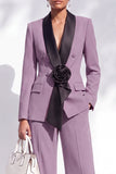 Blue Fitted Shawl Lapel Pantsuits Long Women Suits with 3D Flower