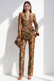 Brown Jacquard V-neck Flare Sleeves 2 Piece Single‑Breasted Women Suits with Pockets