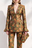 Brown Jacquard V-neck Flare Sleeves 2 Piece Single‑Breasted Women Suits with Pockets