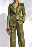 Olive Jacquard Shawl‑Peak Hybrid Lapel Women Suits