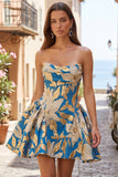 Blue Jacquard Ruched A-Line Strapless Short Ball Dress