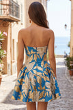 Blue Jacquard Ruched A-Line Strapless Short Ball Dress