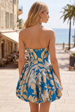 Blue Bubble Hem Jacquard Ruched A-Line Strapless Short Ball Dress