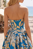 Blue Bubble Hem Jacquard Ruched A-Line Strapless Short Ball Dress