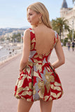 Red Bateau Neck Jacquard Bubble Hem Ruched A-Line Short Ball Dress