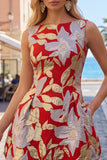 Red Bateau Neck Jacquard Bubble Hem Ruched A-Line Short Ball Dress