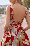 Red Bateau Neck Jacquard Bubble Hem Ruched A-Line Short Ball Dress