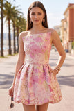 Pink Floral Jacquard Asymmetrical Ruched Bubble Hem Short Ball Dress