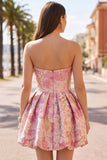 Pink Floral Jacquard Asymmetrical Ruched Bubble Hem Short Ball Dress