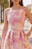 Pink Floral Jacquard Asymmetrical Ruched Bubble Hem Short Ball Dress