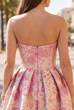 Pink Floral Jacquard Asymmetrical Ruched Bubble Hem Short Ball Dress
