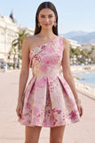 Pink One Shoulder Floral Jacquard Pleated A-Line Short Ball Dress