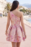 Pink One Shoulder Floral Jacquard Pleated A-Line Short Ball Dress