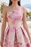 Pink One Shoulder Floral Jacquard Pleated A-Line Short Ball Dress