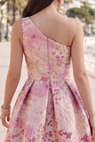 Pink One Shoulder Floral Jacquard Pleated A-Line Short Ball Dress