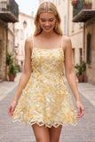 Yellow A-Line Embroidery Pearl Short Ball Dress with 3D Floral Appliques