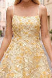 Yellow A-Line Embroidery Pearl Short Ball Dress with 3D Floral Appliques
