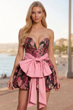 Black Pink Flower Jacquard Bubble Hem A-Line Short Ball Dress with Bow