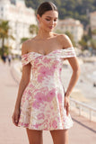 Pink Off the Shoulder Floral A-Line Short Ball Dress