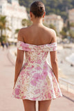 Pink Off the Shoulder Floral A-Line Short Ball Dress
