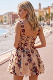 Champagne Sequins 3D Appliques Tulle Corset A-Line Short Ball Dress with Pockets