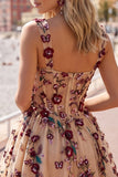 Champagne Sequins 3D Appliques Tulle Corset A-Line Short Ball Dress with Pockets