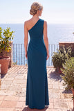 Peacock Blue Ruched Sheath One Shoulder Long Formal Dress